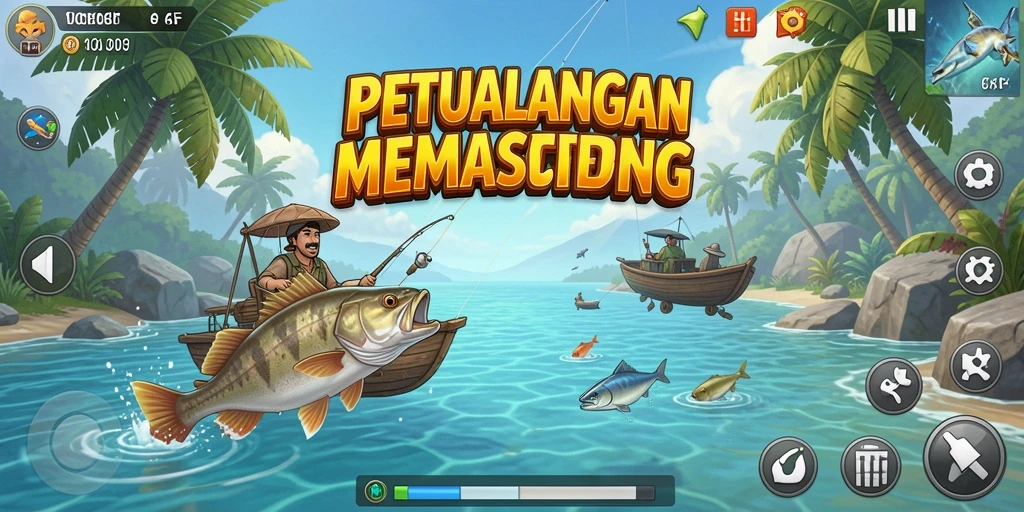 Screenshot utama 6CF menampilkan pemain sedang memancing dengan latar belakang yang indah.