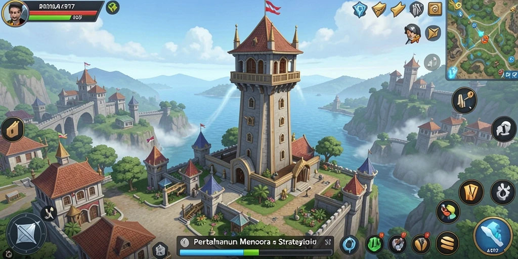 Tampilan menara strategis dalam permainan Tower Defense API77.