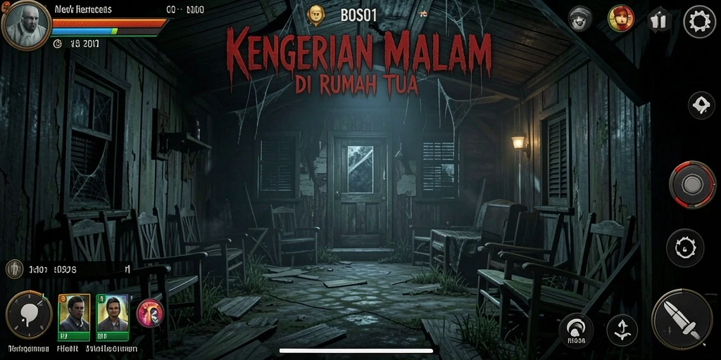 Tampilan gameplay menakutkan di dalam rumah tua yang penuh misteri.