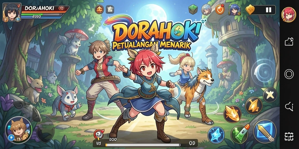Screenshot gameplay DORAHOKI menampilkan pertarungan seru antara karakter Anime.