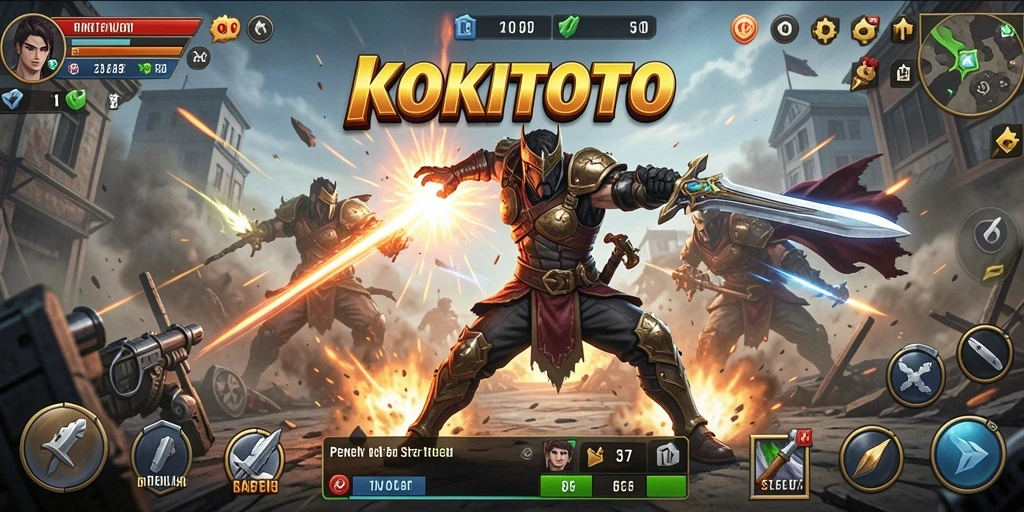 Tangkapan layar gameplay KOKITOTO menunjukkan pertempuran seru dan karakter yang dinamis.