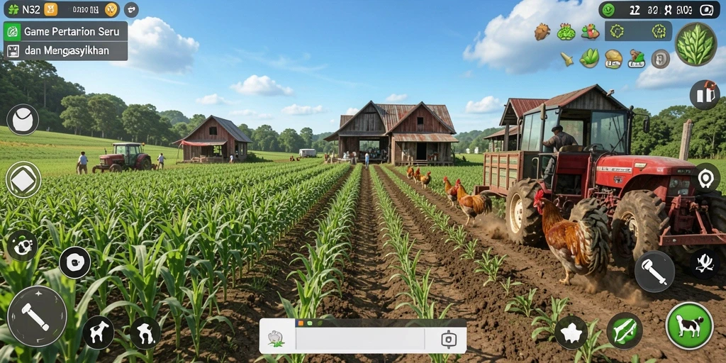 Screenshot gameplay N32 menampilkan aktivitas bertani yang menyenangkan.
