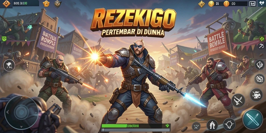 Screenshot utama REZEKIGO menampilkan intense gameplay Battle Royale.