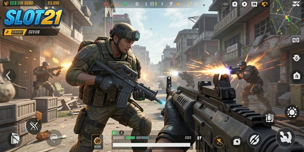Screenshot SLOT21 menampilkan aksi menembak yang intens dalam gameplay FPS.